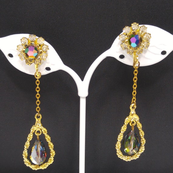 Czech Iridescent Beaded Dangle Clip Earrings, Pea… - image 1