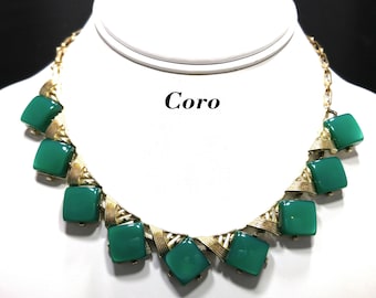 Coro Green Lucite Moonglow Choker Necklace, Gold Tone, 1950s Vintage Jewelry