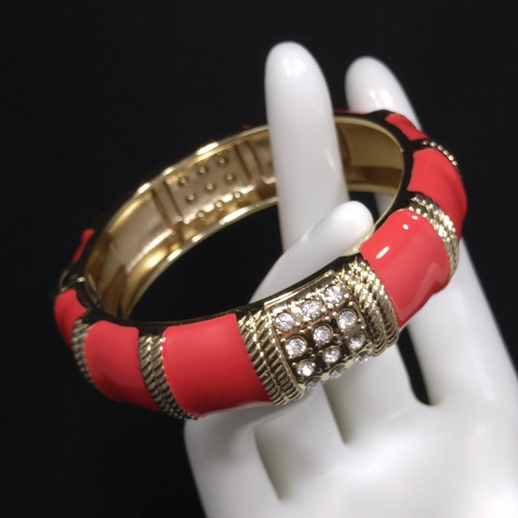 Red Enamel Gold Tone Hinged Bracelet, Clear Rhine… - image 9