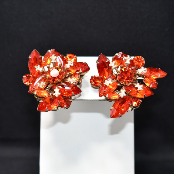 Vintage Bright Orange Rhinestone Gold Tone Clip E… - image 1