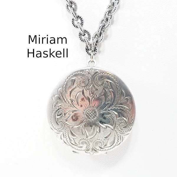 Miriam Haskell Photo Locket Necklace, Signed MIRIAM HASKELL Patent 342769, Silver Tone, 1950s Vintage Jewelry