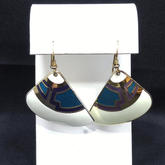 Laurel Burch White Purple Blue Enamel Fan Earring… - image 7