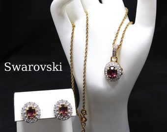 Swarovski lila Kristall Medaillon Halskette & Ohrring Set, vergoldet, Schwan Logo, 1990er Jahre Vintage Schmuck