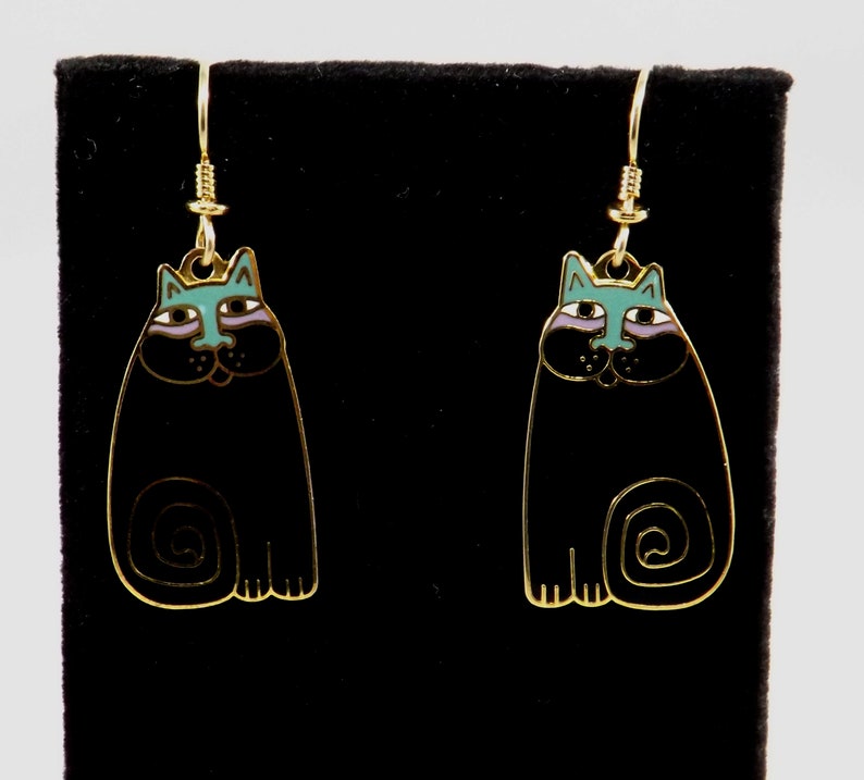 Laurel Burch Olivia Cat Earrings, Gold Plated, Black Enamel, 1980s Vintage Jewelry image 4