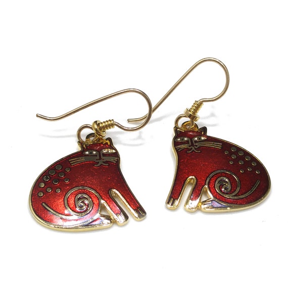 Laurel Burch Red "Keshire Cat" Earrings, Gold Pla… - image 8