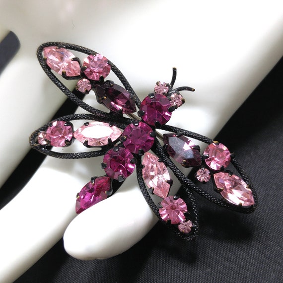 Austrian Pink Butterfly Brooch, Japanned Black En… - image 2