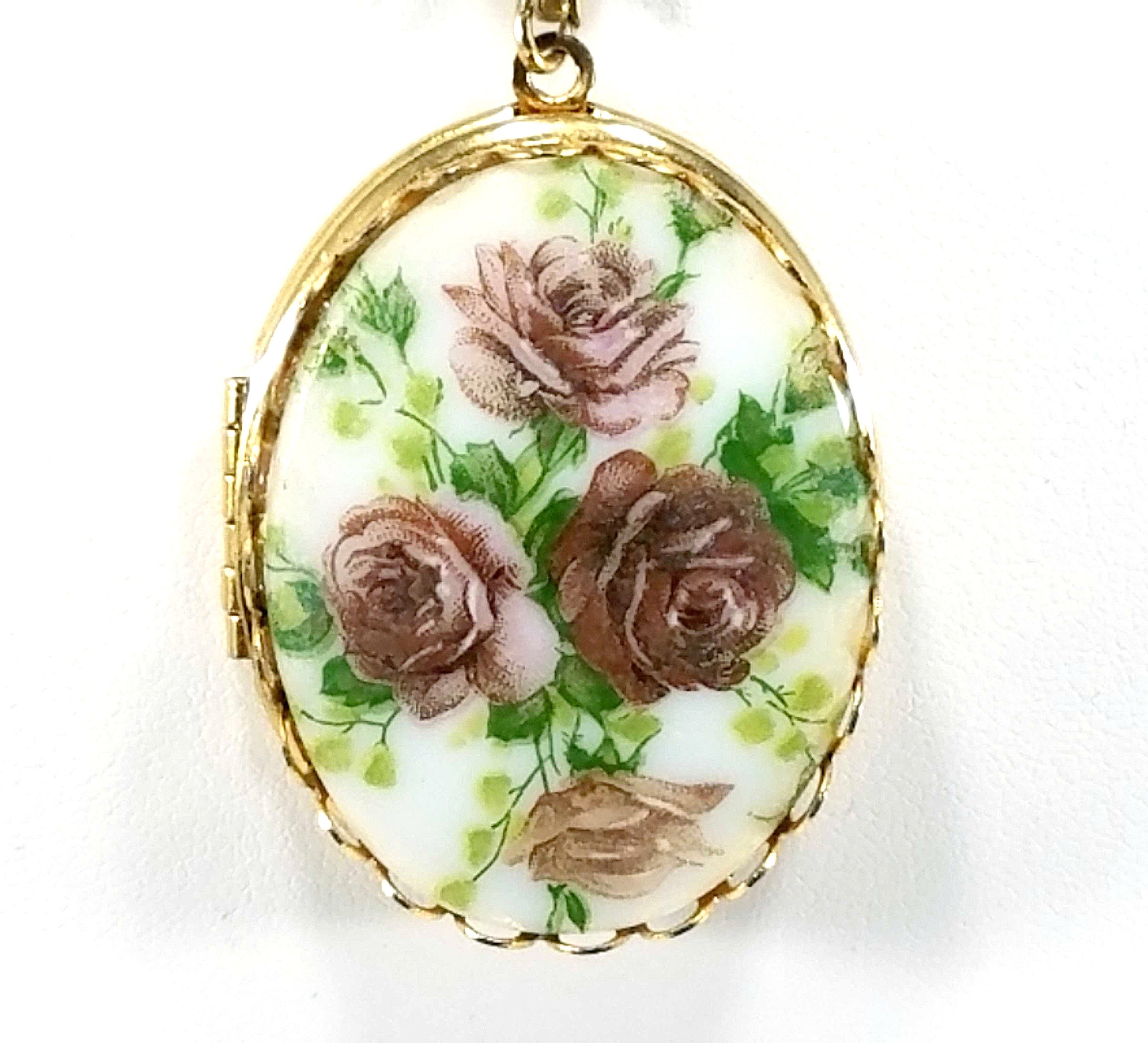 Vintage Rose Flowered Ceramic Locket 