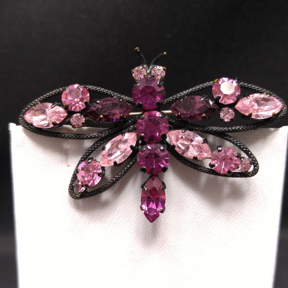 Austrian Pink Butterfly Brooch, Japanned Black En… - image 5