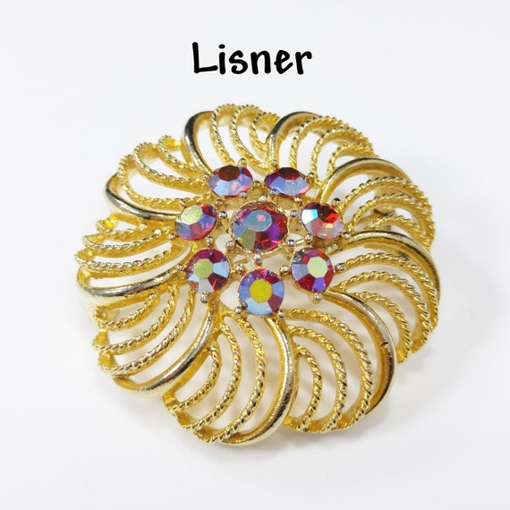 Vintage Lisner Floral Brooch, Red Aurora Borealis… - image 1