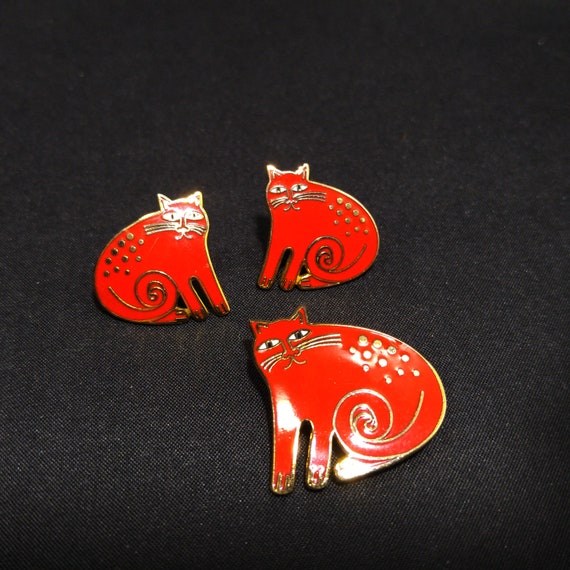 Laurel Burch "Keshire Cat" Red Brooch & Post Earr… - image 3