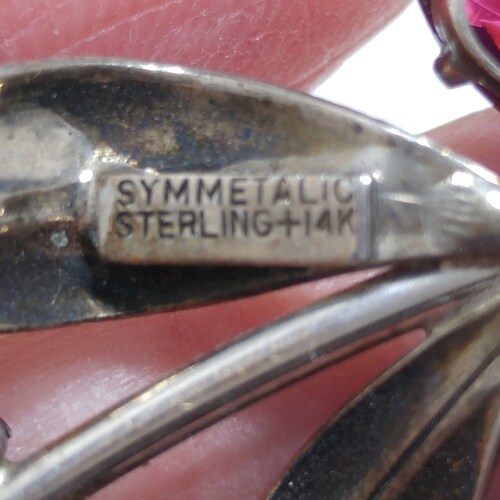 Symmetalic Sterling & 14K Gold Brooch, Rhinestone Accents, 1940s shops Vintage Jewelry