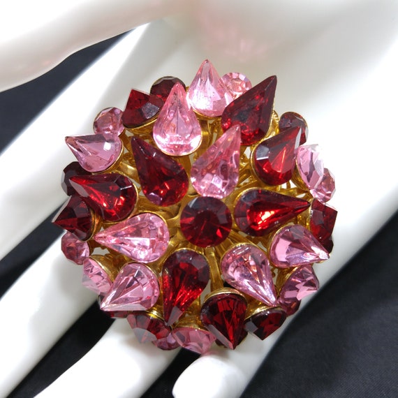 Red & Pink Domed Rhinestone Brooch, Gold Plated F… - image 2