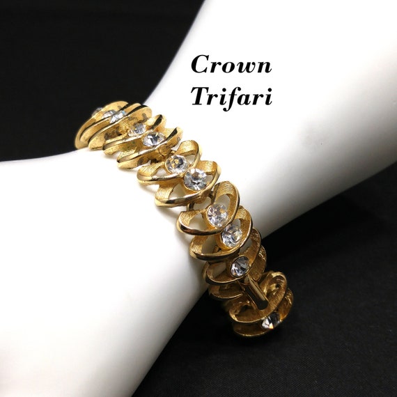 Crown Trifari Clear Rhinestone Bracelet Gold Plated 1960s