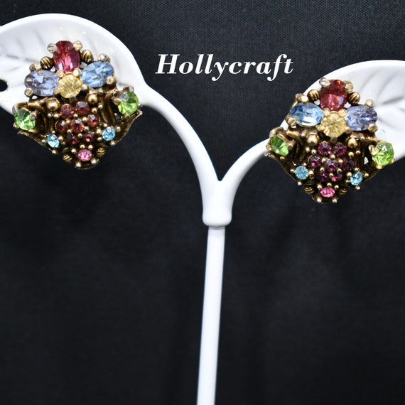 Hollycraft Pastel Rhinestone Earrings, Mid-Centur… - image 1