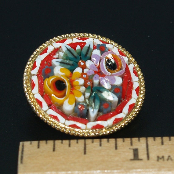 Italy Micro Mosaic Brooch, Raised Floral Design, … - image 3
