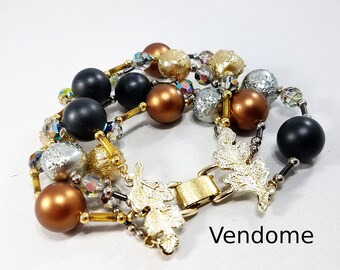 Vintage Vendome Beaded Bracelet, 4 Strands Crystal Aurora Borealis Beads, Gold Silver Textured Beads Gold Leaf Shaped Clasp, Vintage Jewelry