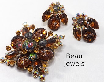 Vintage Beau Jewels Brooch & Earrings, Watermelon Margarita Rhinestones, Rootbeer Molded Glass, Aurora Borealis, Chatons Marquise Jewelry