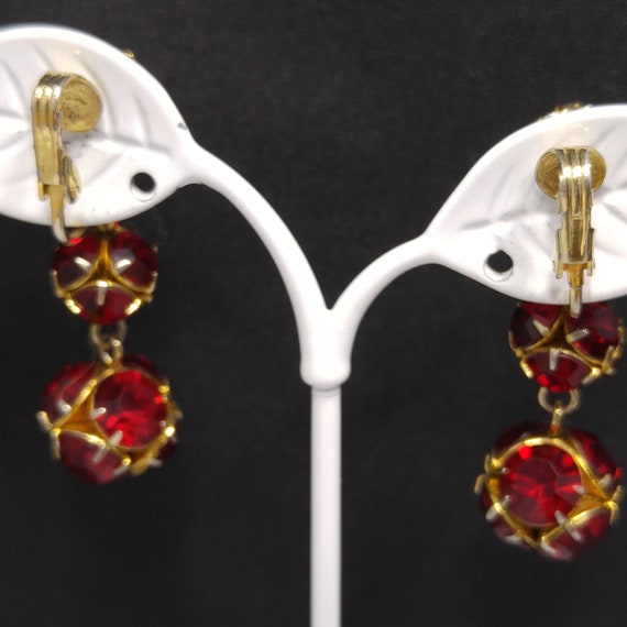 Red Rhinestone Long Clip Earrings, Rhinestone Bea… - image 3