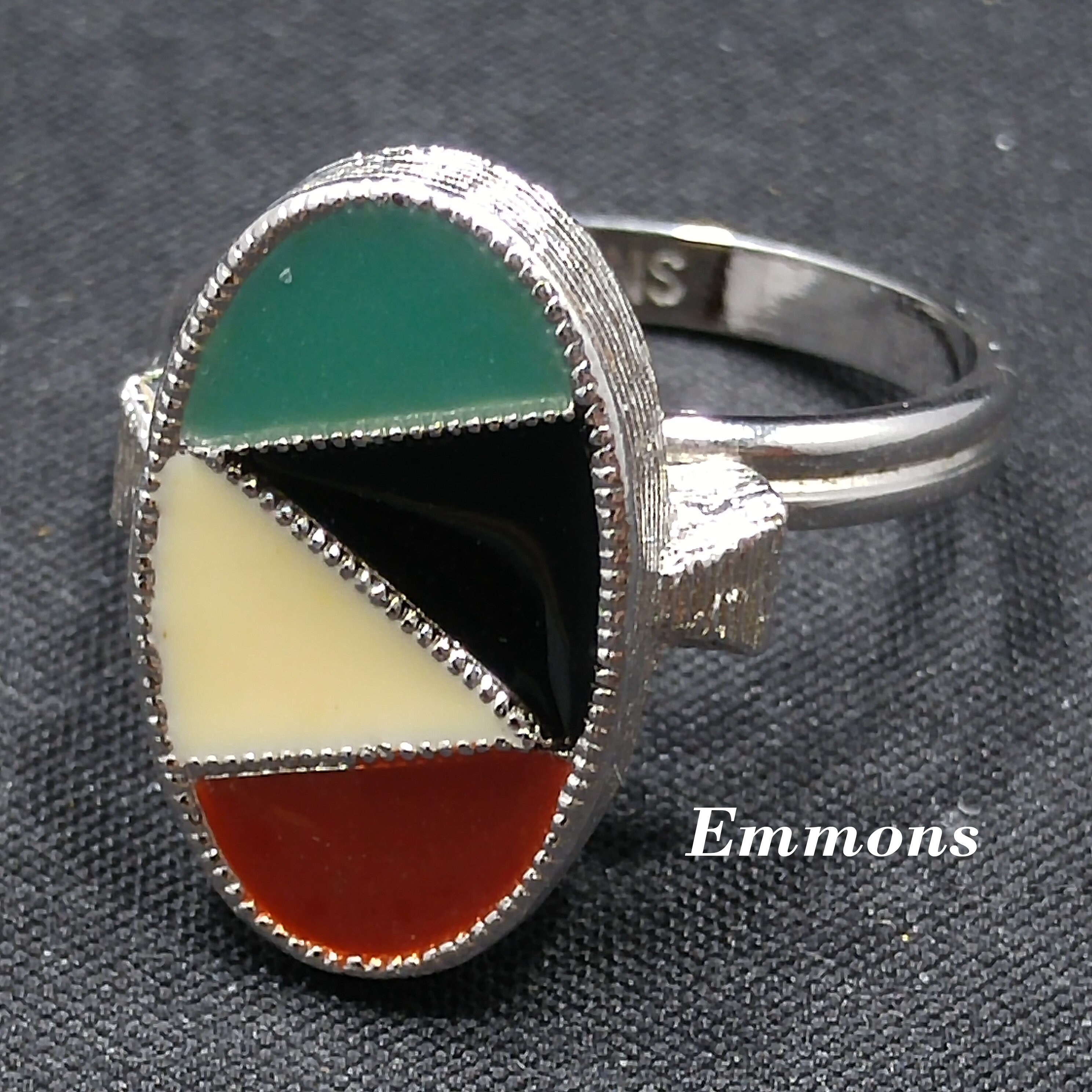 Emmons Enamel Geometric Design Ring, 6 1/2 Adjustable, 1950s Emmons Enamel Geometric Design Ring, 6 1/2 Adjustable, 1950s