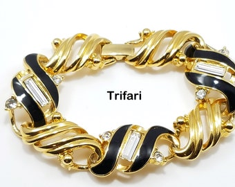 Crown Trifari Gold Plated & Black Enamel Bracelet, 1960s Vintage Jewelry