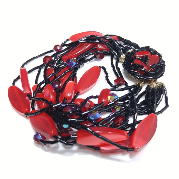 Multi-strand Black & Red Beaded Bracelet, Lucite … - image 1