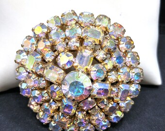 Rhinestone Circle Pin White Beads Aurora Borealis
