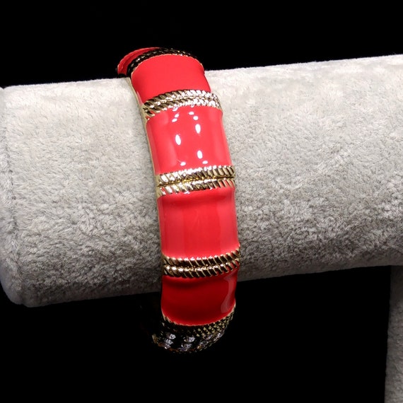 Red Enamel Gold Tone Hinged Bracelet, Clear Rhine… - image 10