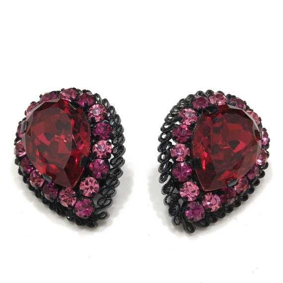 Austrian Red Pink Rhinestone Earrings, Japanned B… - image 3