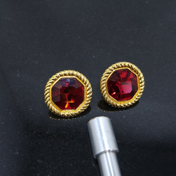 Swarovski Red Crystal Faceted Clip Earrings, Gold… - image 8