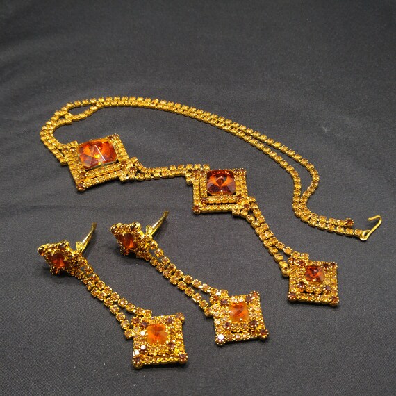 Topaz Glass Rhinestones Long Necklace Earrings, R… - image 6
