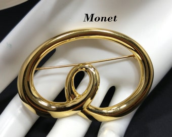 Vintage Monet Gold Plated Modernist Brooch, 1980s Vintage Jewelry