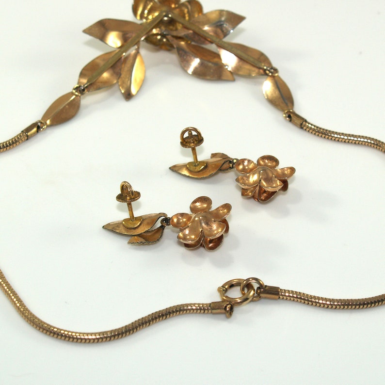 Krementz Necklace /& Earrings Rose Gold Plate Rose Design Unique Screw Post Backs 1940s Mid Century Vintage Jewelry KREMENTZ USA 14 KG Plate