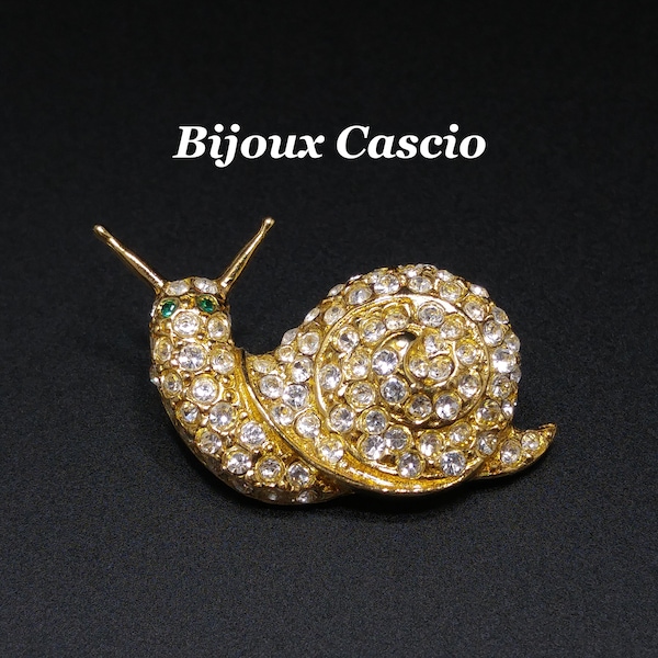 Bijoux Cascio Snail Small Brooch, Pave Clear Rhinestones, Green Eyes, 1970s Vintage Jewelry