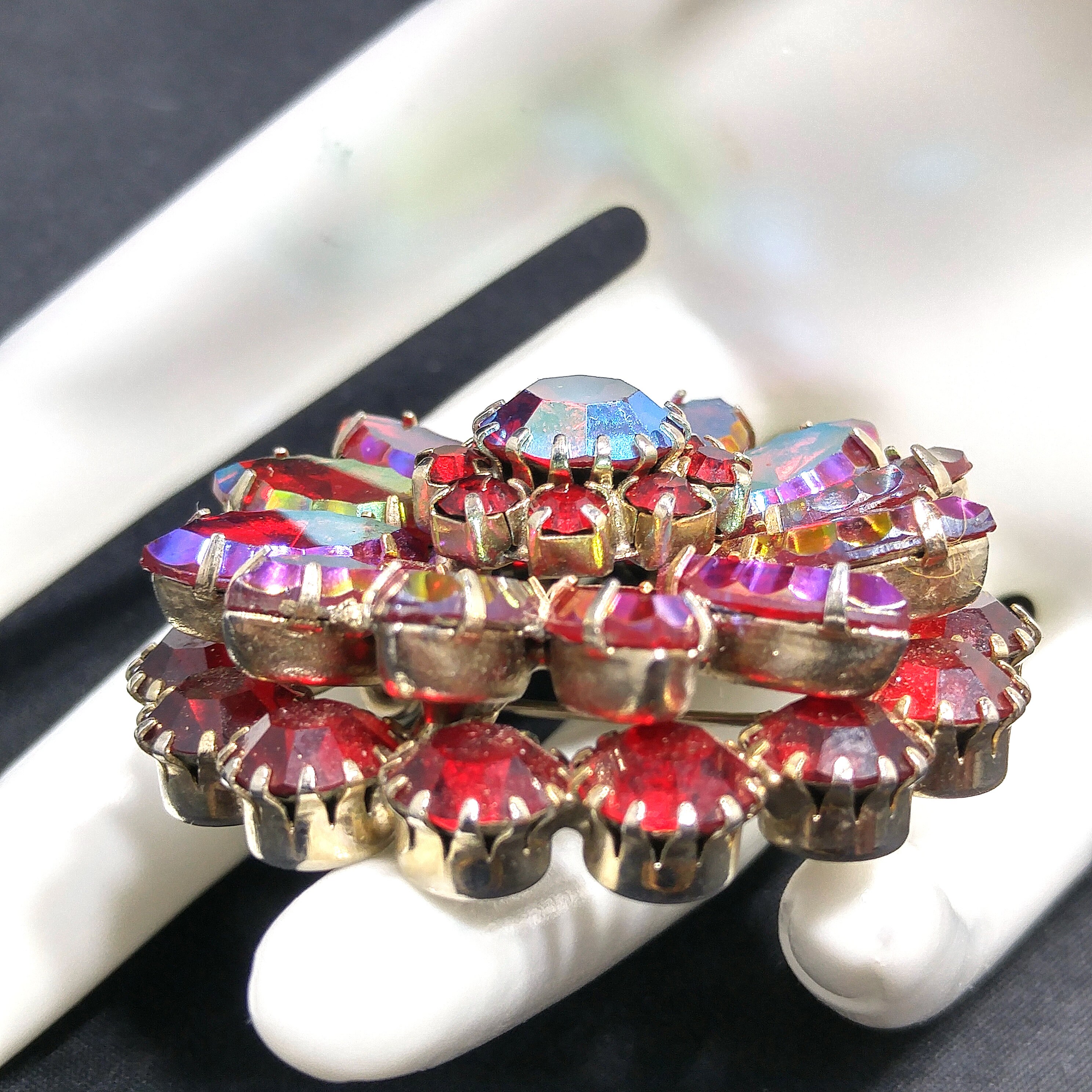 Kramer Red Iridescent Rhinestone Brooch, Aurora Borealis
