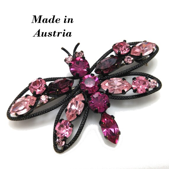 Austrian Pink Butterfly Brooch, Japanned Black En… - image 6