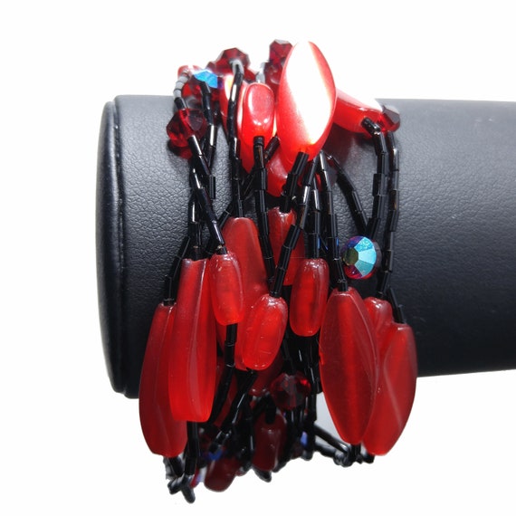 Multi-strand Black & Red Beaded Bracelet, Lucite … - image 5