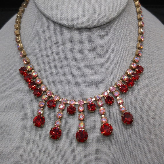 Red Pink Aurora Borealis Rhinestone Choker Necklace, 14 1/2