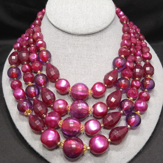 West Germany Cranberry Red Beaded Necklace, Four … - image 7