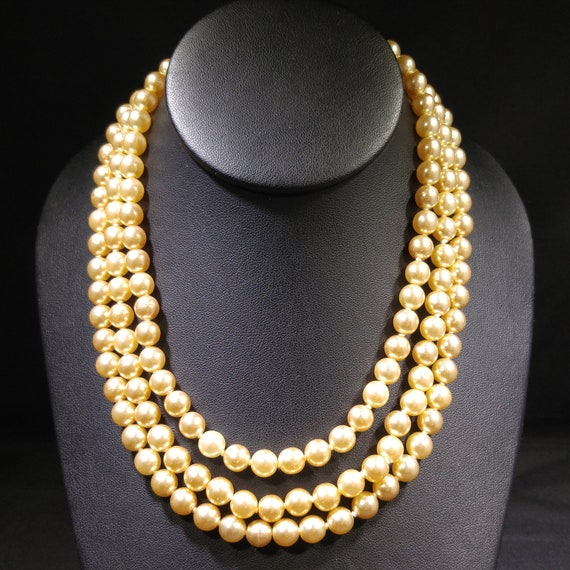 Faux Pearl Champagne Necklace, Three Strands, Gla… - image 6