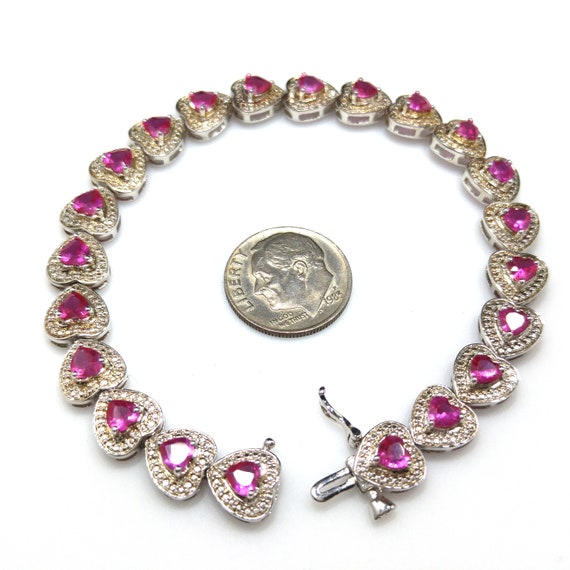 Heart Gemstone Silver Link Bracelet, Stamped 925,… - image 6