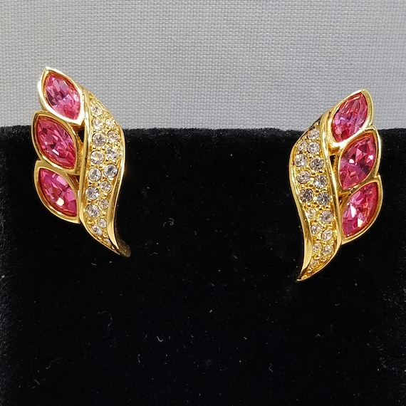 S. A. L. Swarovski Pink Rhinestone Earrings, Gold… - image 3