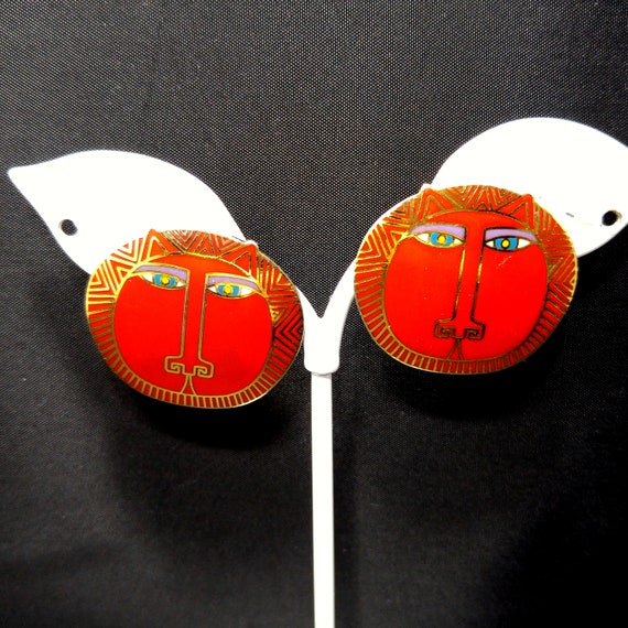 Laurel Burch "Moon Tiger" Red Post Earrings, Gold… - image 2