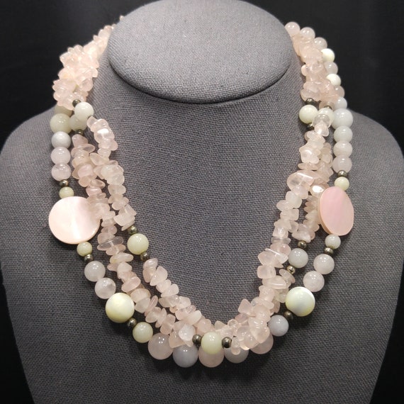 Gemstone Beaded Necklace, Rose Quartz, Mother of … - image 1