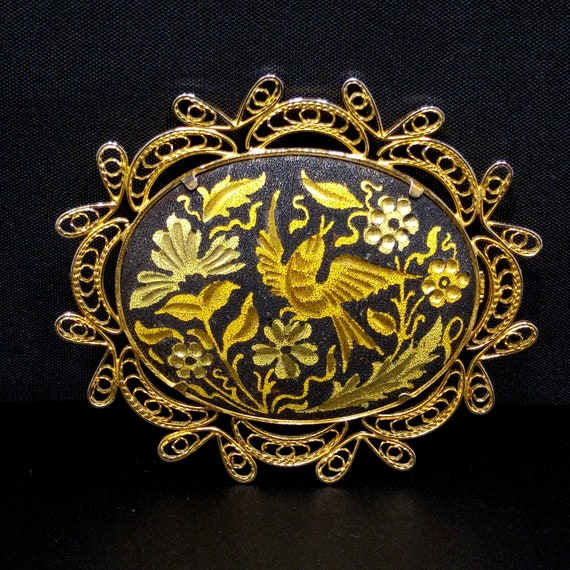 Damascene Filigree Oval Brooch, Flower & Bird Pin… - image 1