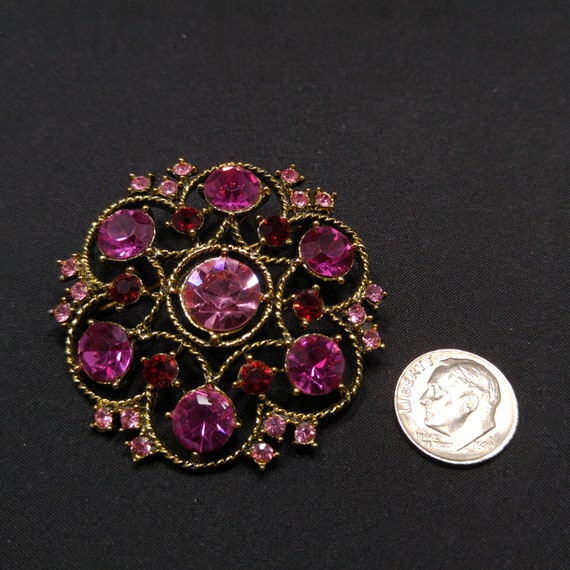 Weiss Pink Rhinestone Brooch, Antique Gold Rope P… - image 10