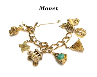 Monet Gold Plated Charm Bracelet, 7 Monet Book Piece Spring Ring Charms, 1962 Vintage Jewelry