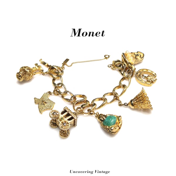 Monet Gold Plated Charm Bracelet, 7 Monet Book Piece Spring Ring Charms, 1962 Vintage Jewelry