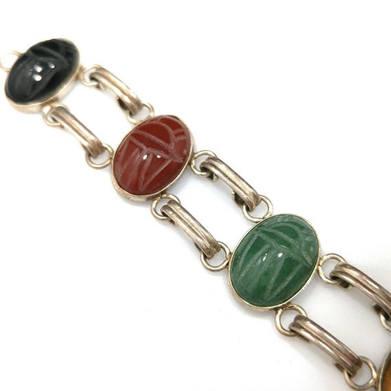 Vintage Silver Gemstone Bracelet,  Carved Scarabs… - image 8