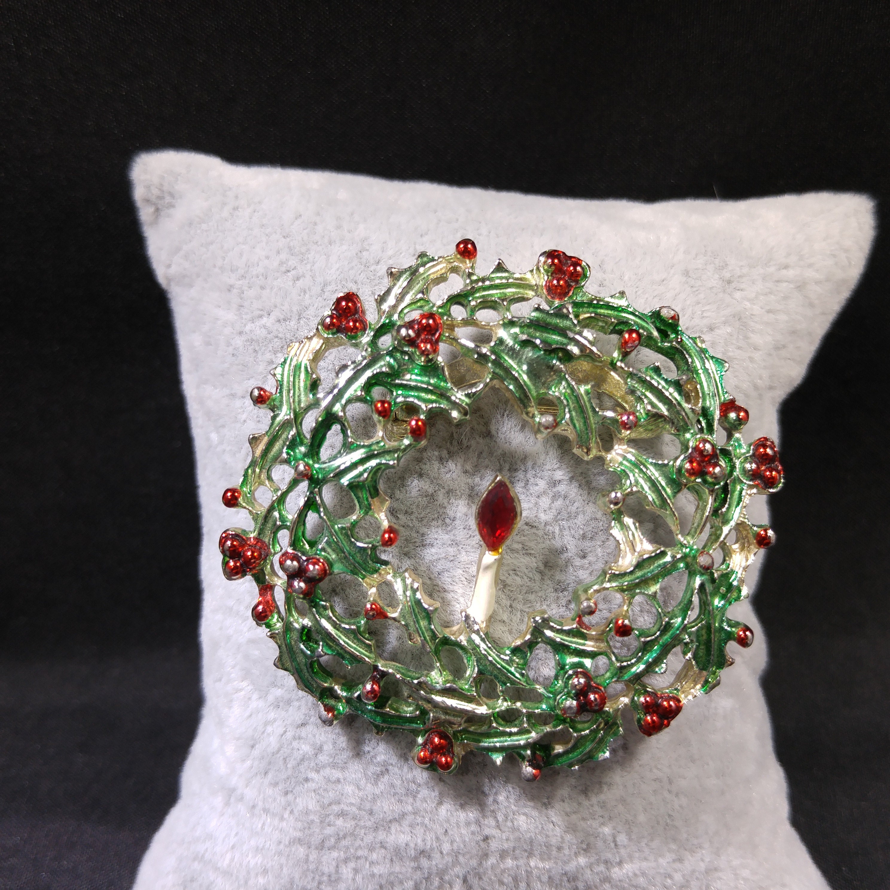 Christmas Wreath Enamel Brooch, Red Green Metallic Enamel