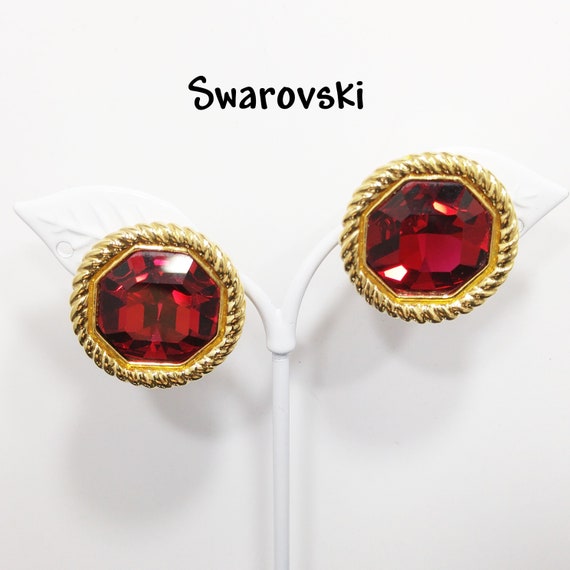 Swarovski Red Crystal Faceted Clip Earrings, Gold… - image 1